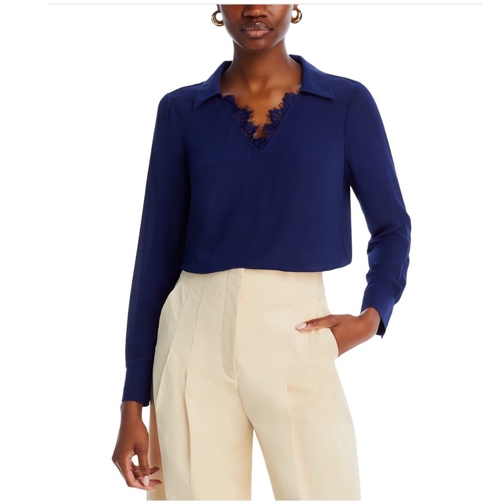 SINGLE THREAD Peacoat Navy Blue V Neck Lace Trim Blouse‎ Shirt Top Medium